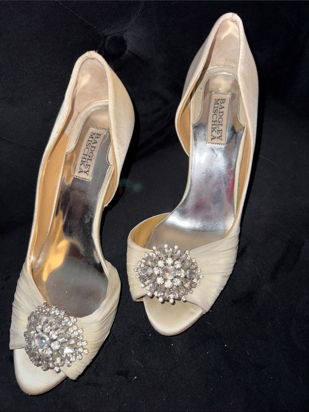 Badgley Mischka Ivory Satin Peep-Toe Heels with Crystal Brooch